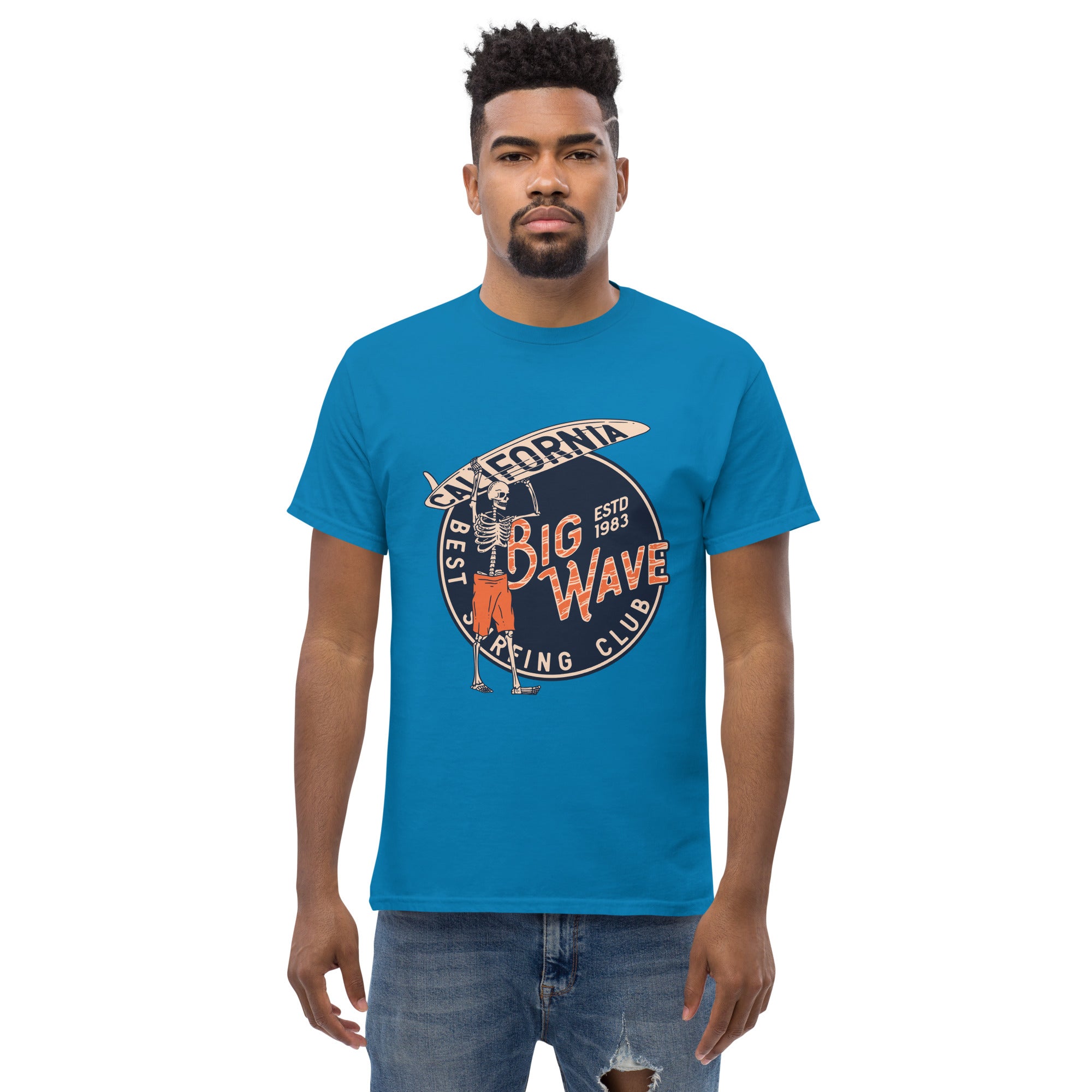 T-Shirt Unisex Stampata 100% Cotone – Confortevole – Design Scheletro surfista-Biiply