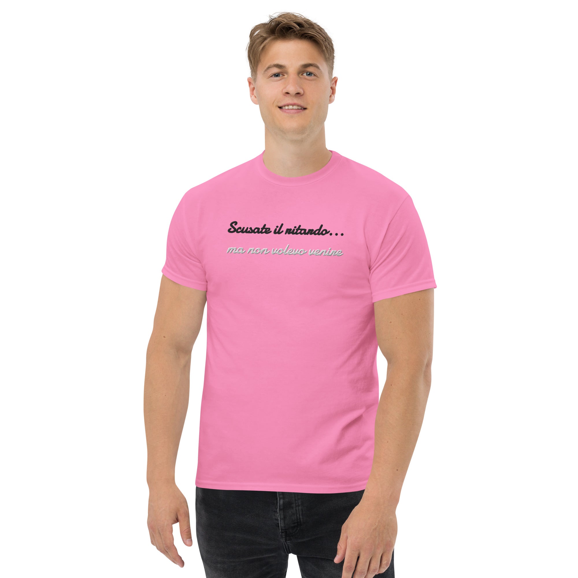 T-shirt Ricamata Unisex – 100% Cotone – Stile Streetwear e Confortevole – Scusate il ritardo ma non volevo venire-Biiply