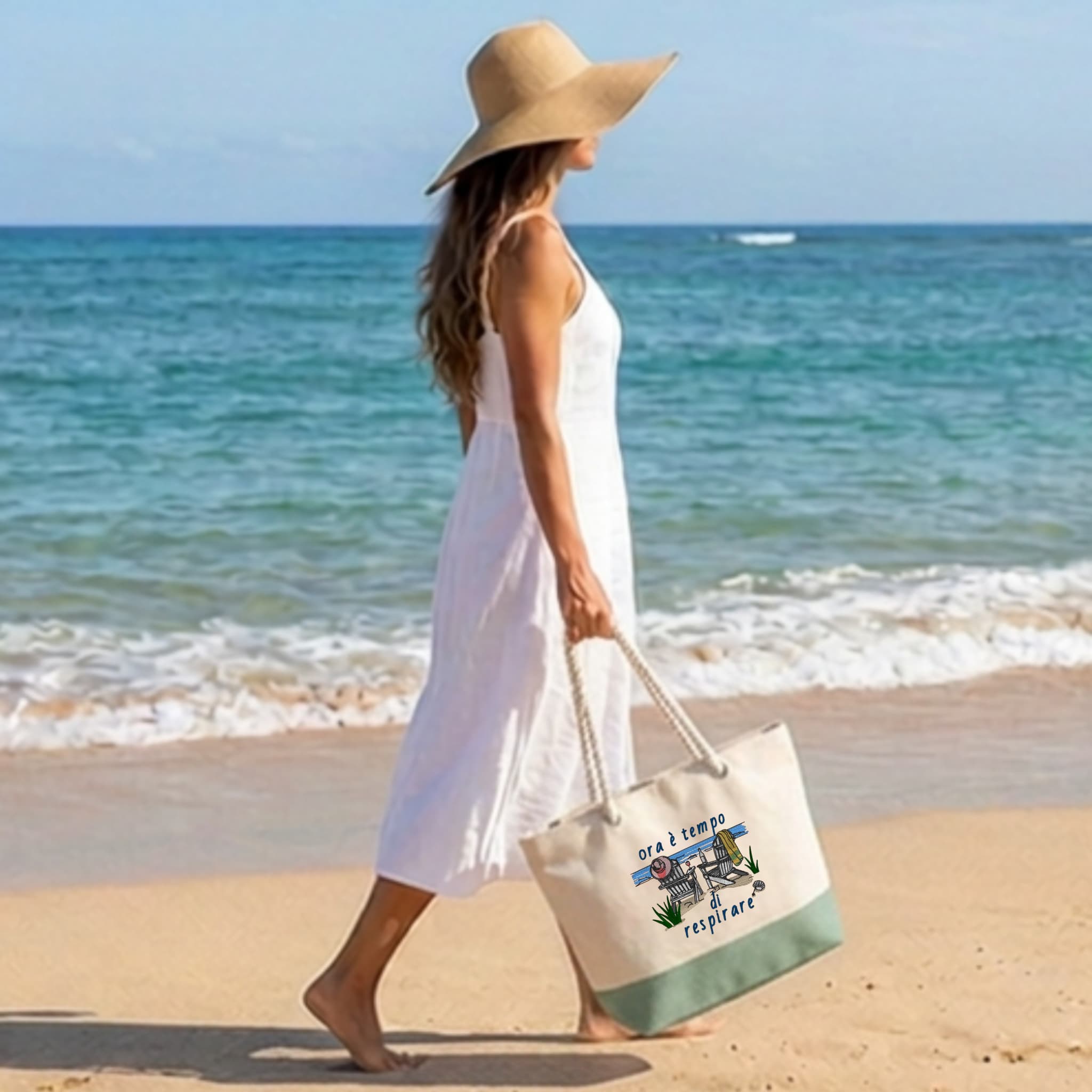 Borsa Mare in Cotone Resistente 280 g/m² 50×34×17,5 cm – Manici Lunghi Rinforzati 50 cm – Design Ricamato ora è tempo di respirare