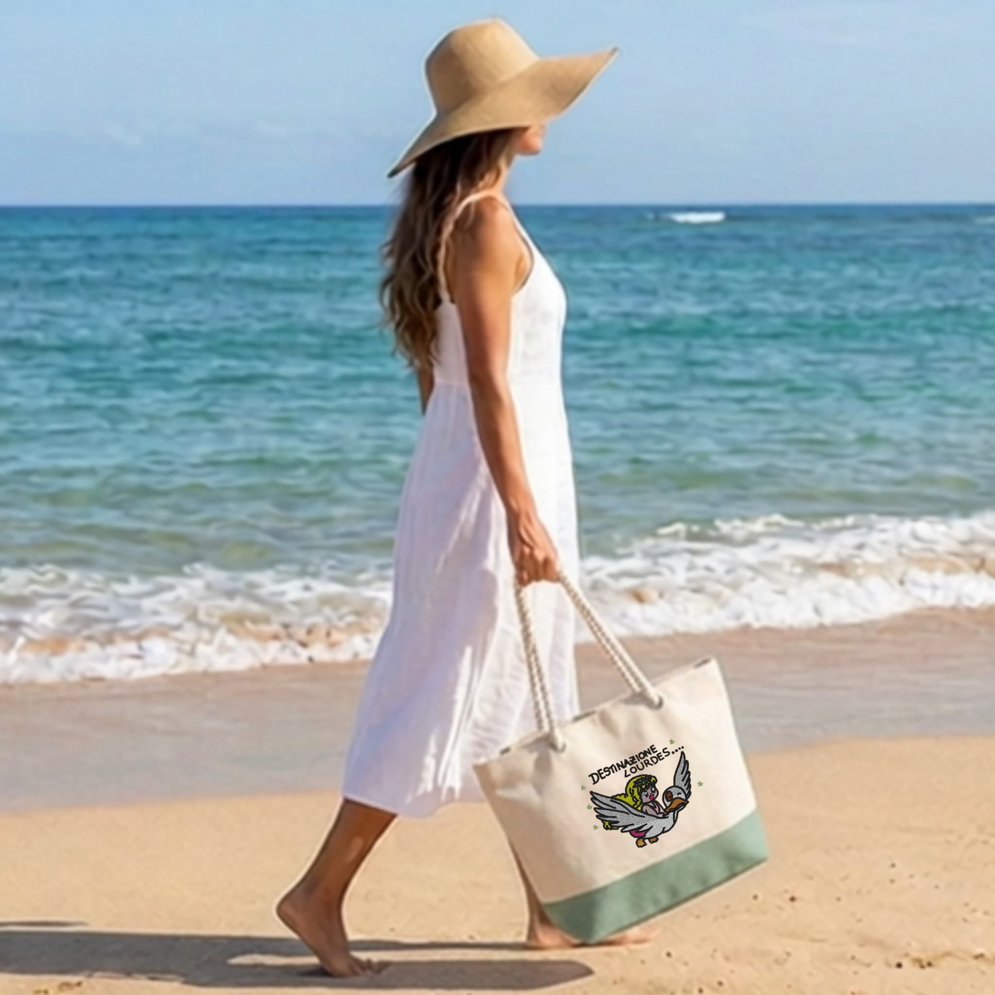 Borsa Mare in Cotone Resistente 280 g/m² 50×34×17,5 cm – Manici Lunghi Rinforzati 50 cm – Design Ricamato Pollon Direzione Lourdes