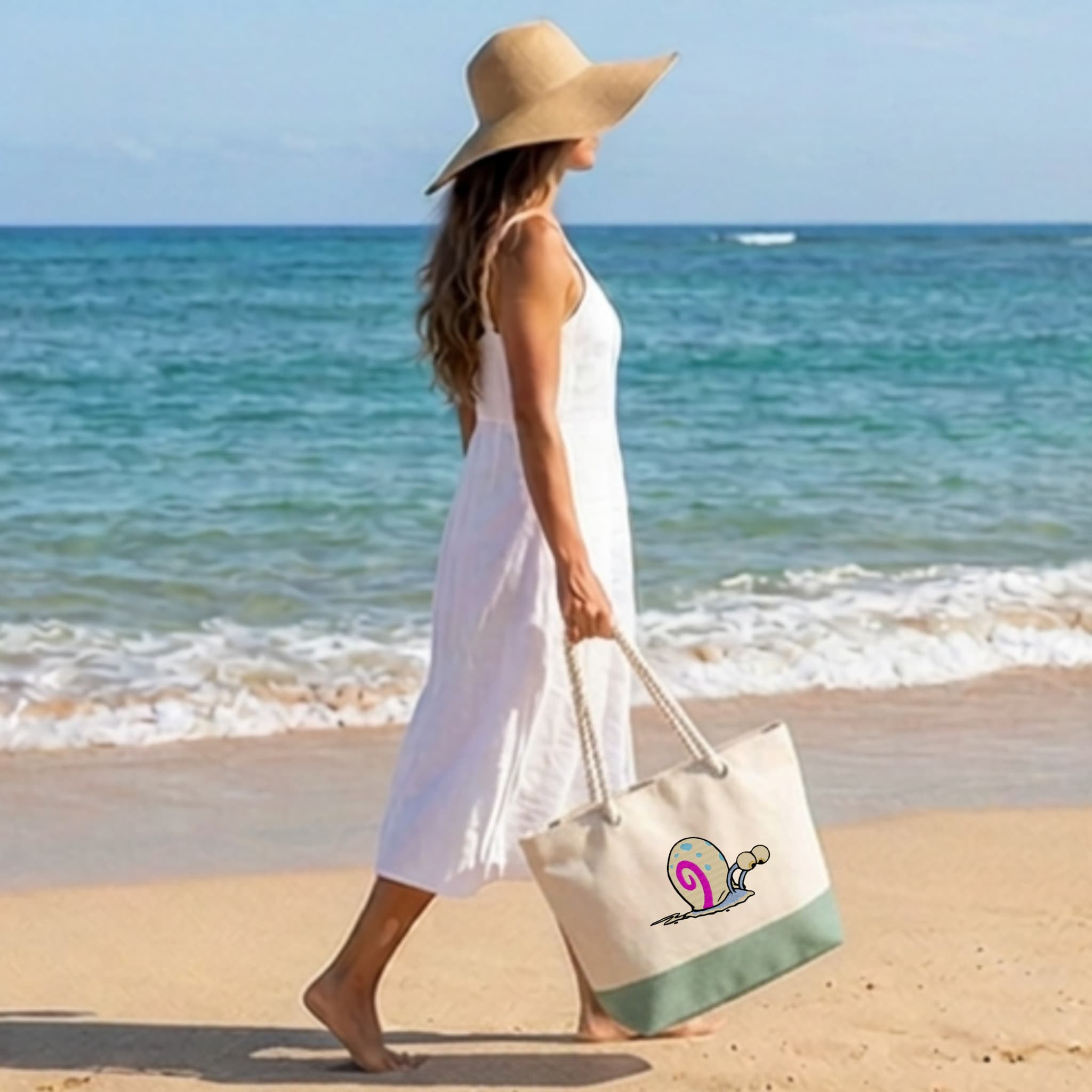 Bolso de playa de algodón resistente 280 g/m² – Asas largas reforzadas 50 cm – Diseño bordado Caracol Gary