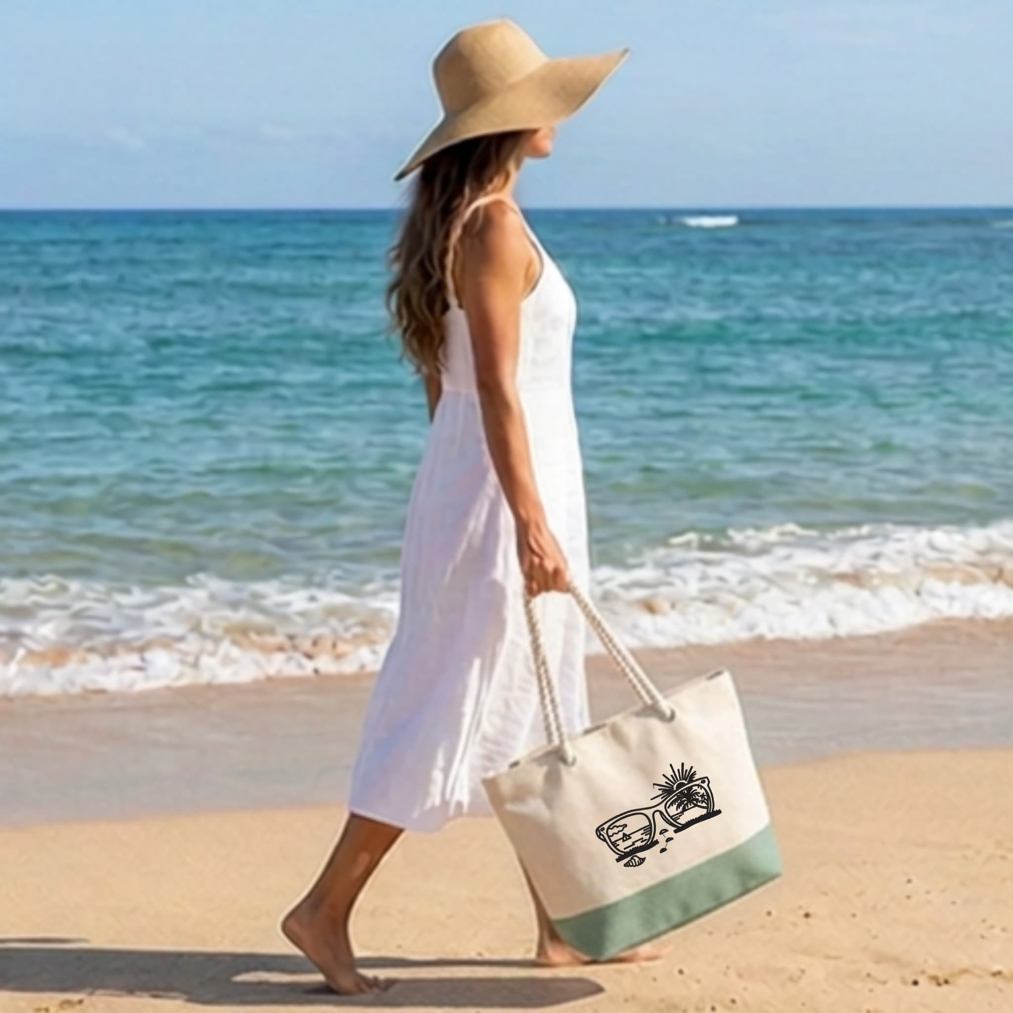 Durable Cotton Beach Bag 280 gsm – Reinforced Long Handles 50 cm – Embroidered Glasses and Beach Design Black and White