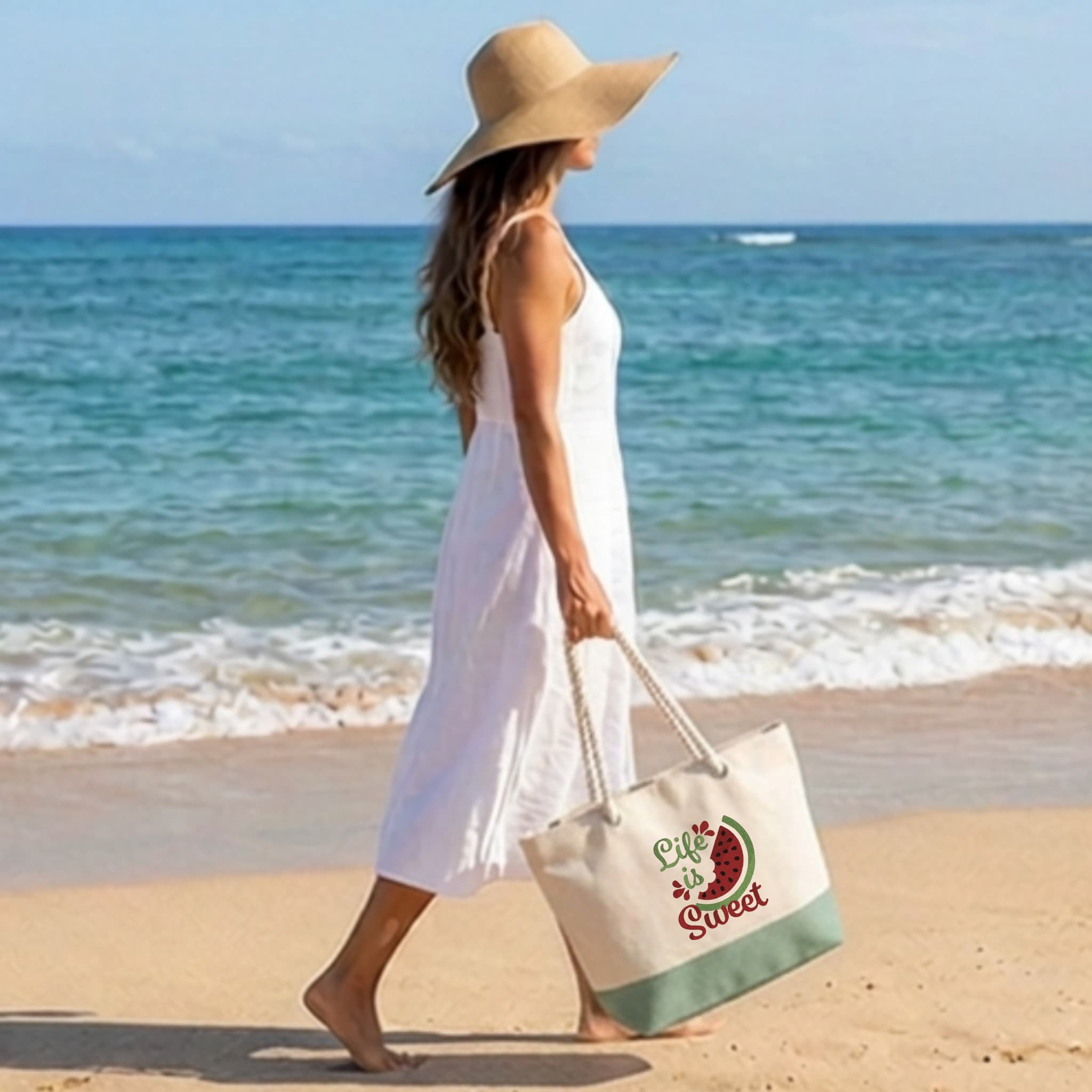 Borsa Mare in Cotone Resistente 280 g/m² 50×34×17,5 cm – Manici Lunghi Rinforzati 50 cm – Design Ricamato Life in Sweet