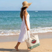 Durable Cotton Beach Bag 280 g/m² – Reinforced Long Handles 50 cm – Embroidered Design with Hello Summer + Watermelon
