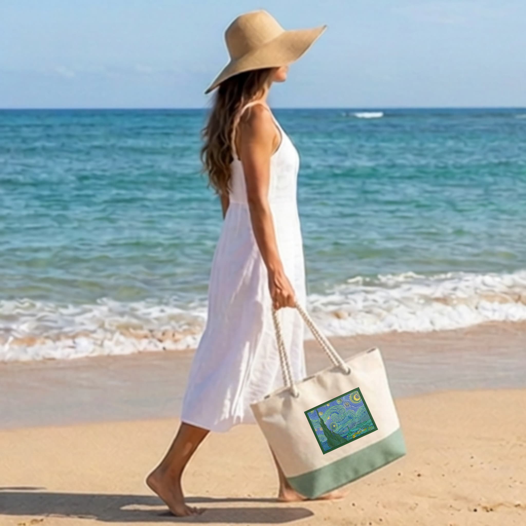 Bolso de Playa de Algodón Resistente de 280 g/m² – Asas Largas Reforzadas de 50 cm – Diseño Bordado Noche Estrellada