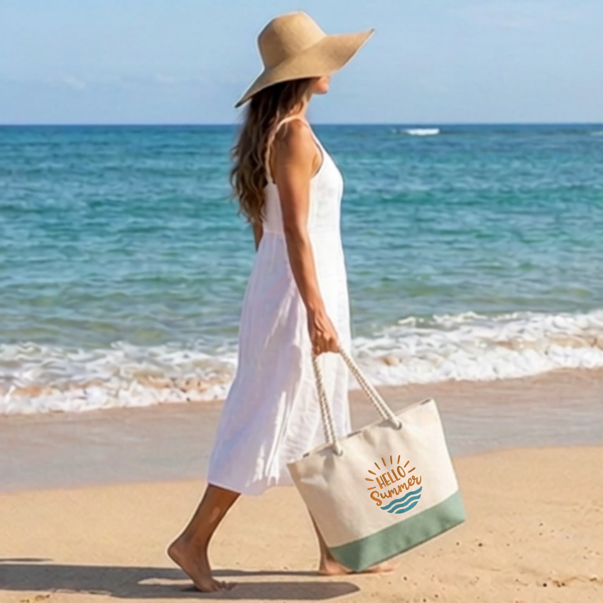 Bolso de Playa de Algodón Resistente 280 g/m² – Asas Largas Reforzadas 50 cm – Diseño Bordado con la frase hello hummer con sol y mar