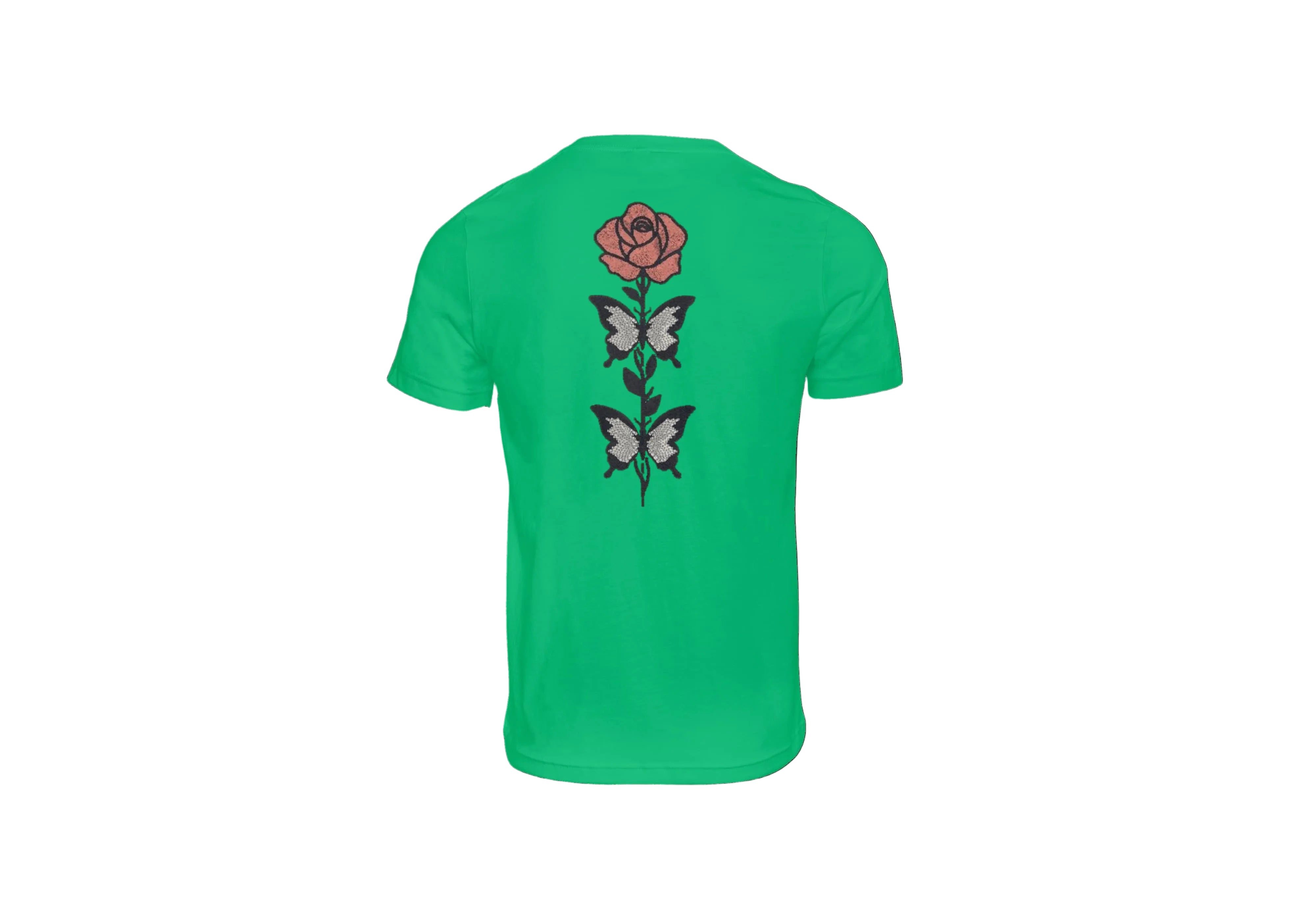 T-Shirt Unisex Ricamata sulla schiena 100% Cotone – Confortevole – Design rosa con foglie a farfalle