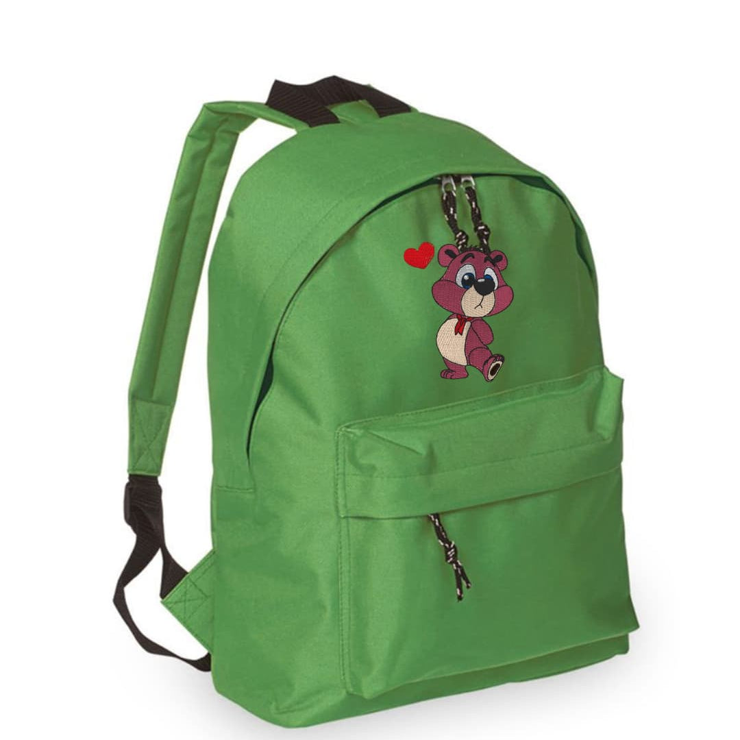 Zaino Bambino in Poliestere 600D 28x38x12 cm – Schienale Imbottito e Spallacci Regolabili - Design Ricamato Orsetto con Cuore