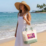Bolso de playa de algodón resistente 280 g/m² – Asas largas reforzadas 50 cm – Diseño bordado Faro al atardecer