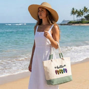 Borsa Mare in Cotone Resistente 280 g/m² 50×34×17,5 cm – Manici Lunghi Rinforzati 50 cm – Design Ricamato con ciabatte e scritta hello summer