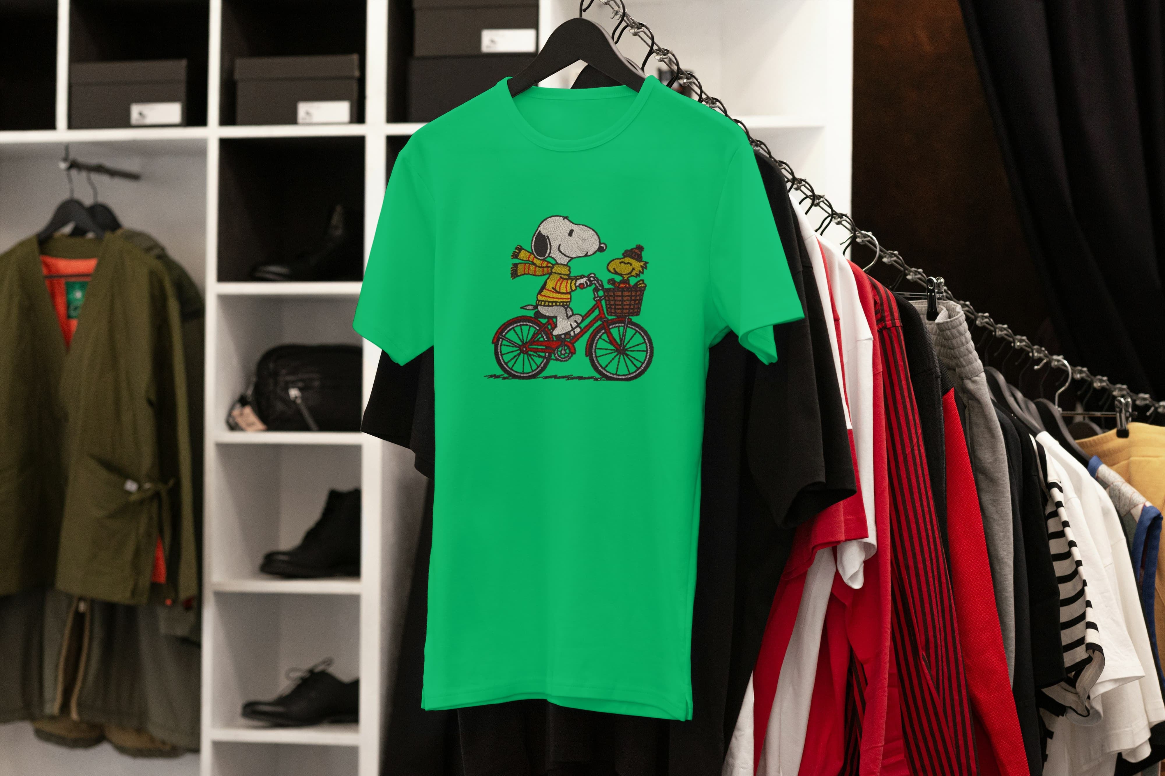 Unisex Embroidered T-Shirt 100% Cotton – Comfortable – Snoopy on Bike Design