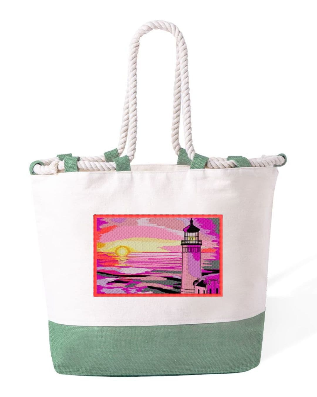 Borsa Mare in Cotone Resistente 280 g/m² – Manici Lunghi Rinforzati 50 cm – Design Ricamato Faro al tramonto