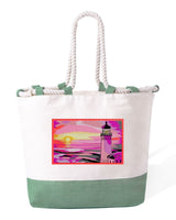 Borsa Mare in Cotone Resistente 280 g/m² – Manici Lunghi Rinforzati 50 cm – Design Ricamato Faro al tramonto