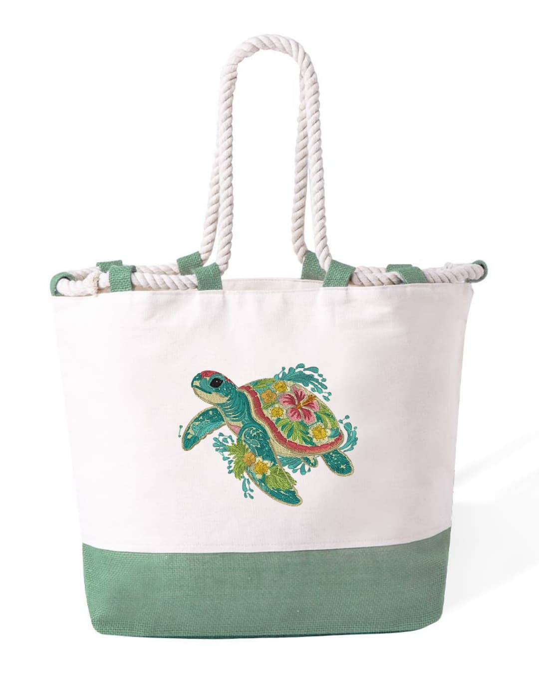 Durable Cotton Beach Bag 280 gsm – Reinforced Long Handles 50 cm – Embroidered Sea Turtle Design