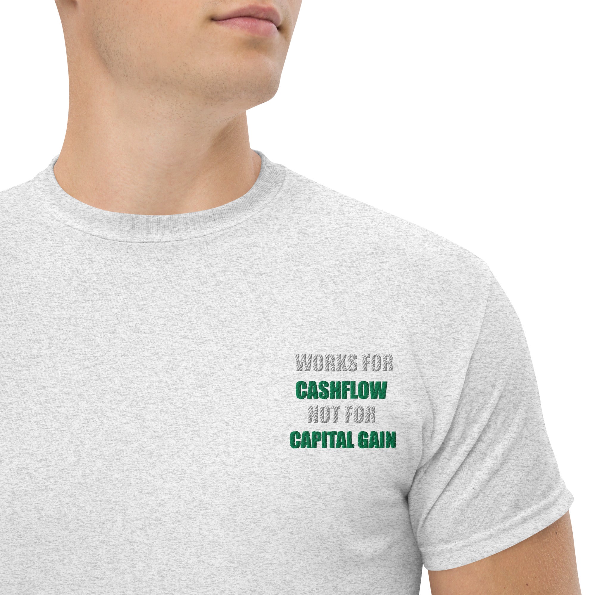 T-shirt Unisex Works Cashflow not Capitalgain White logo-Ricamati-Biiply-Cenere-S-Biiply