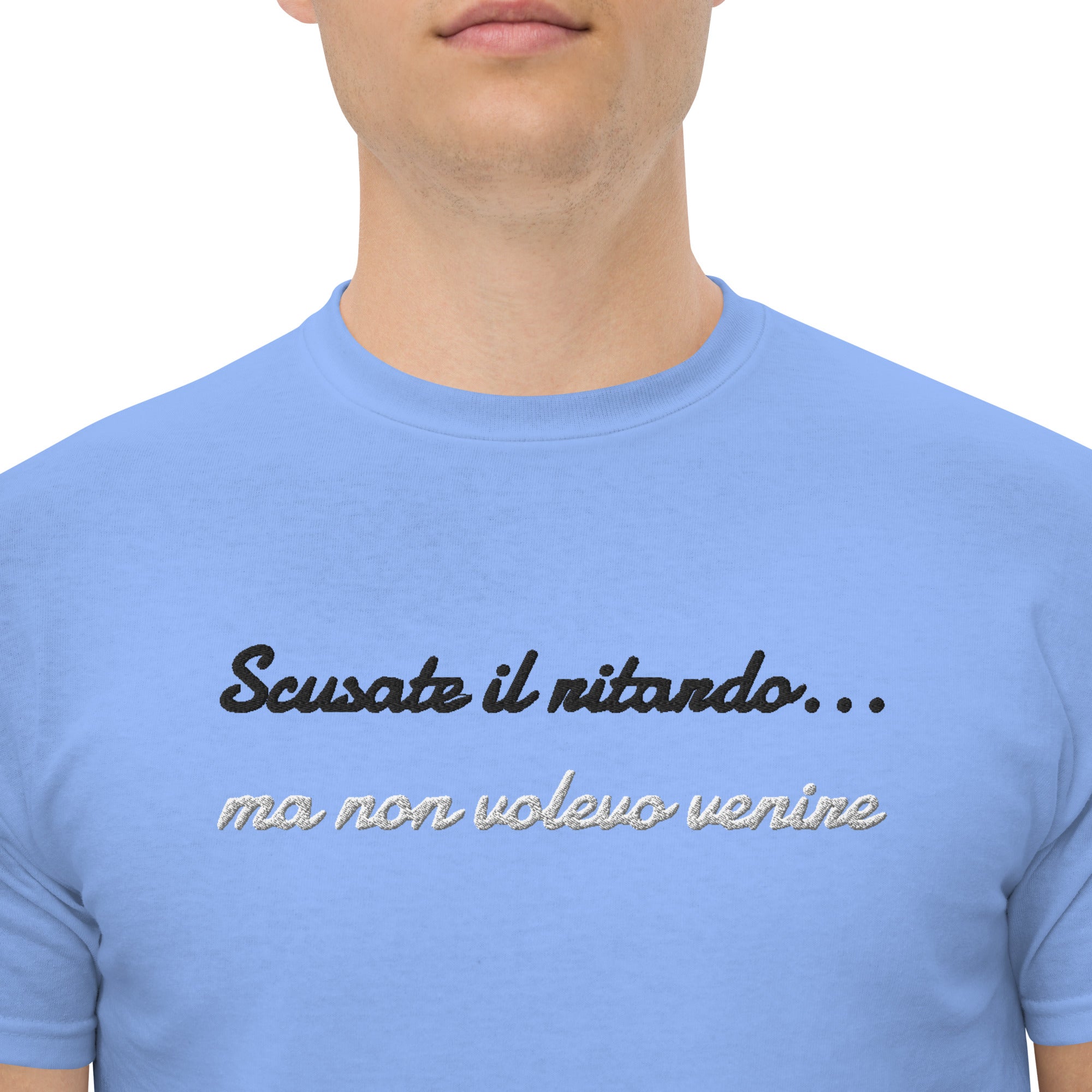 T-shirt Ricamata Unisex Scusate il ritardo ma non volevo venire-Ricamati-Biiply-Blu Carolina-S-Biiply