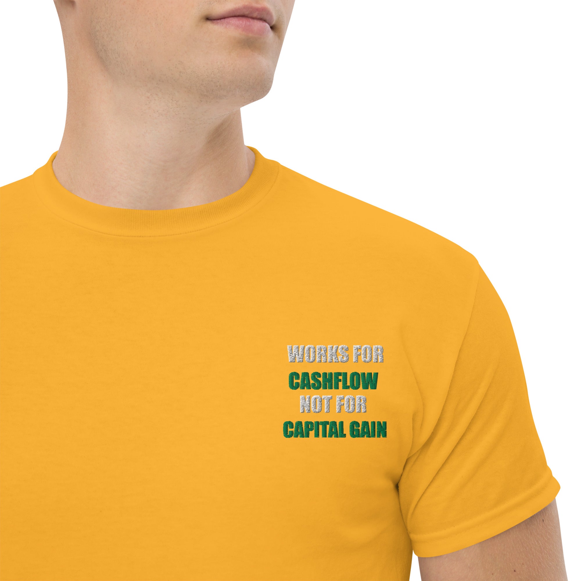 T-shirt Unisex Works Cashflow not Capitalgain White logo-Ricamati-Biiply-Oro-S-Biiply