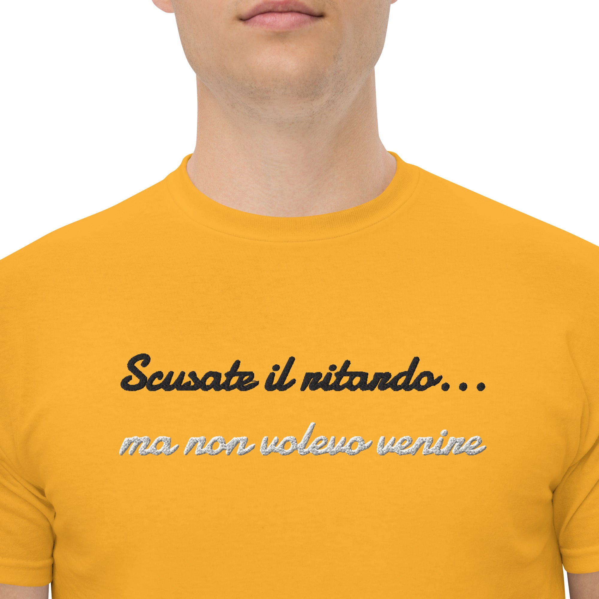 T-shirt Ricamata Unisex Scusate il ritardo ma non volevo venire-Ricamati-Biiply-Oro-S-Biiply