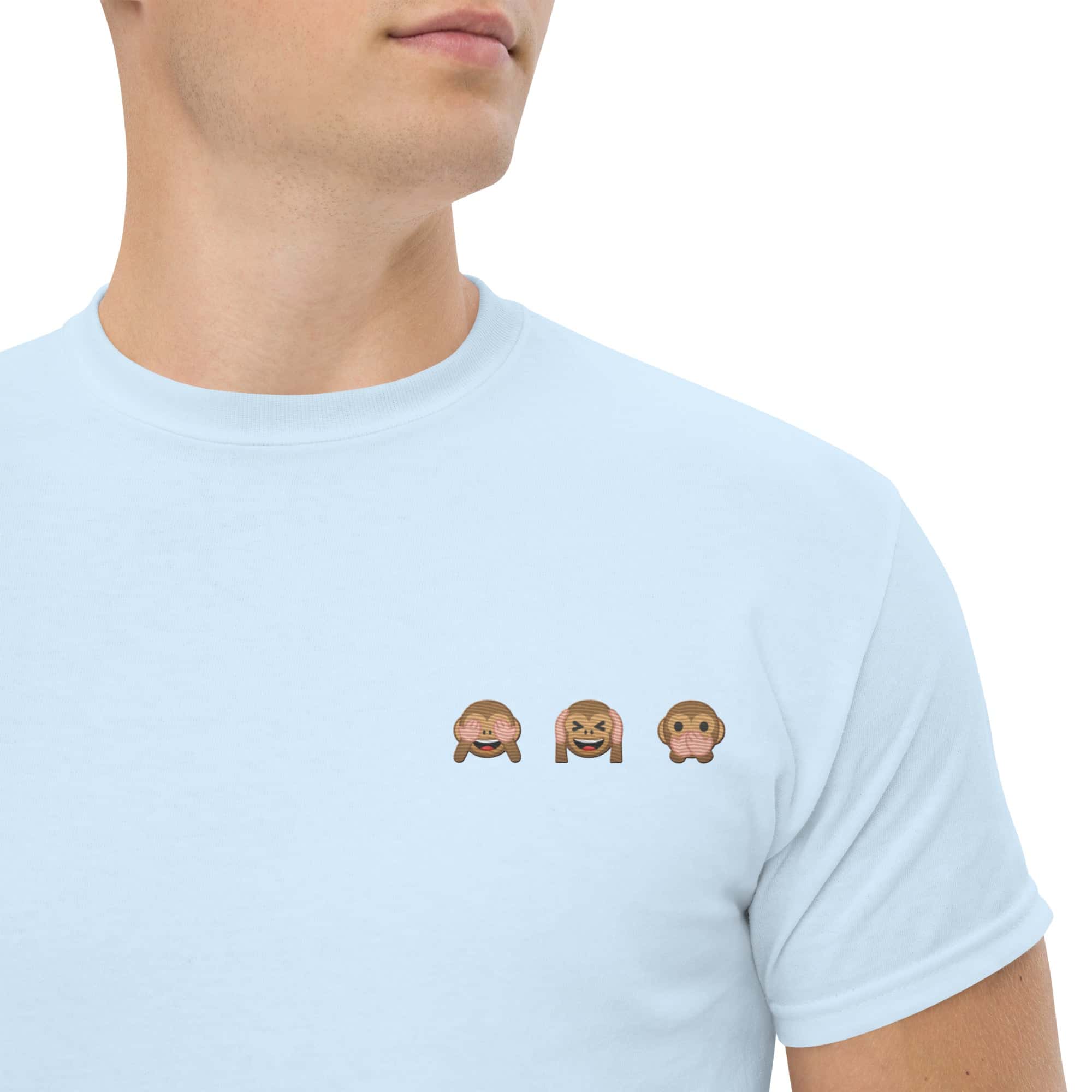 T-shirt Unisex emoji scimmiette-Ricamati-Biiply-Blu Chiaro-S-Biiply