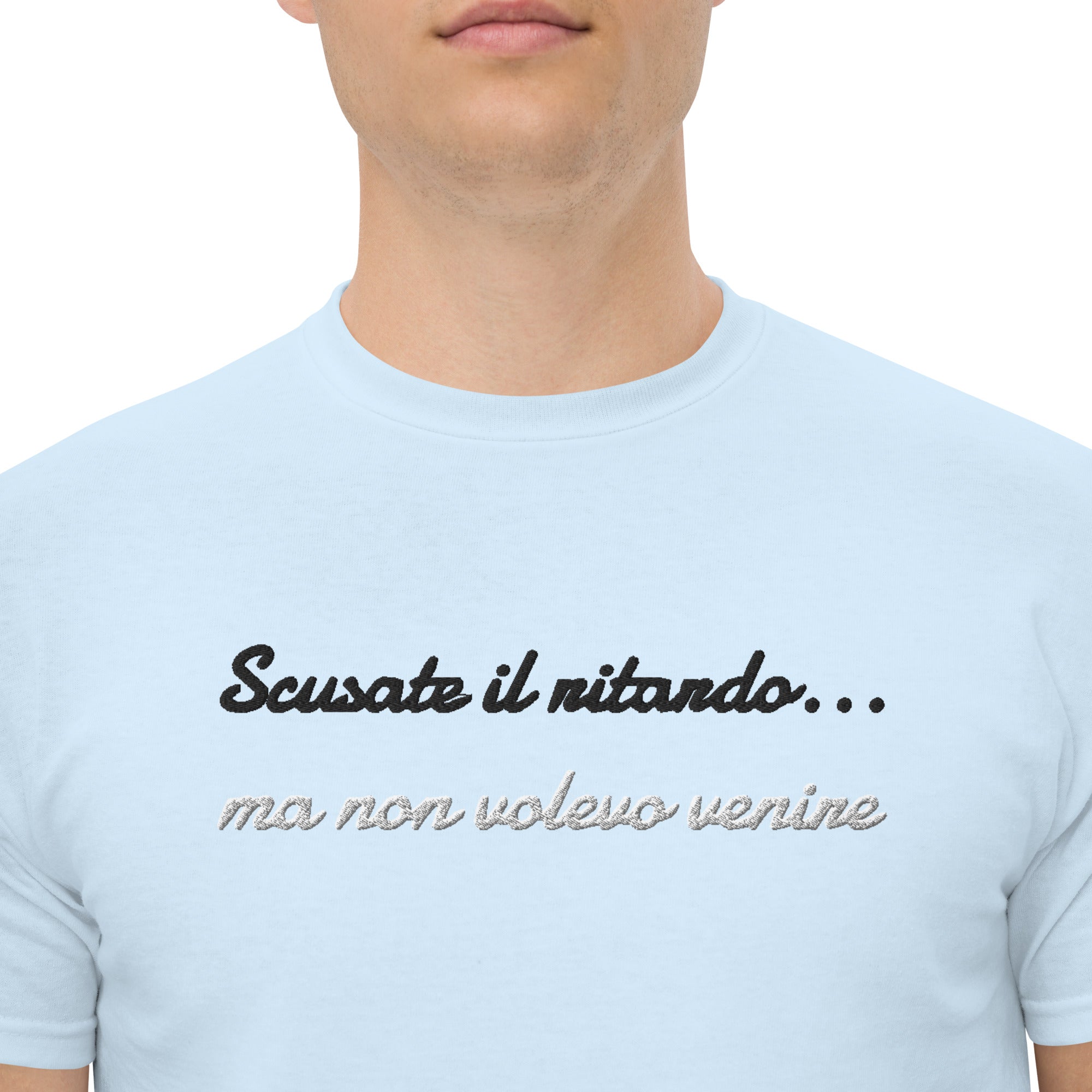 T-shirt Ricamata Unisex Scusate il ritardo ma non volevo venire-Ricamati-Biiply-Blu Chiaro-S-Biiply