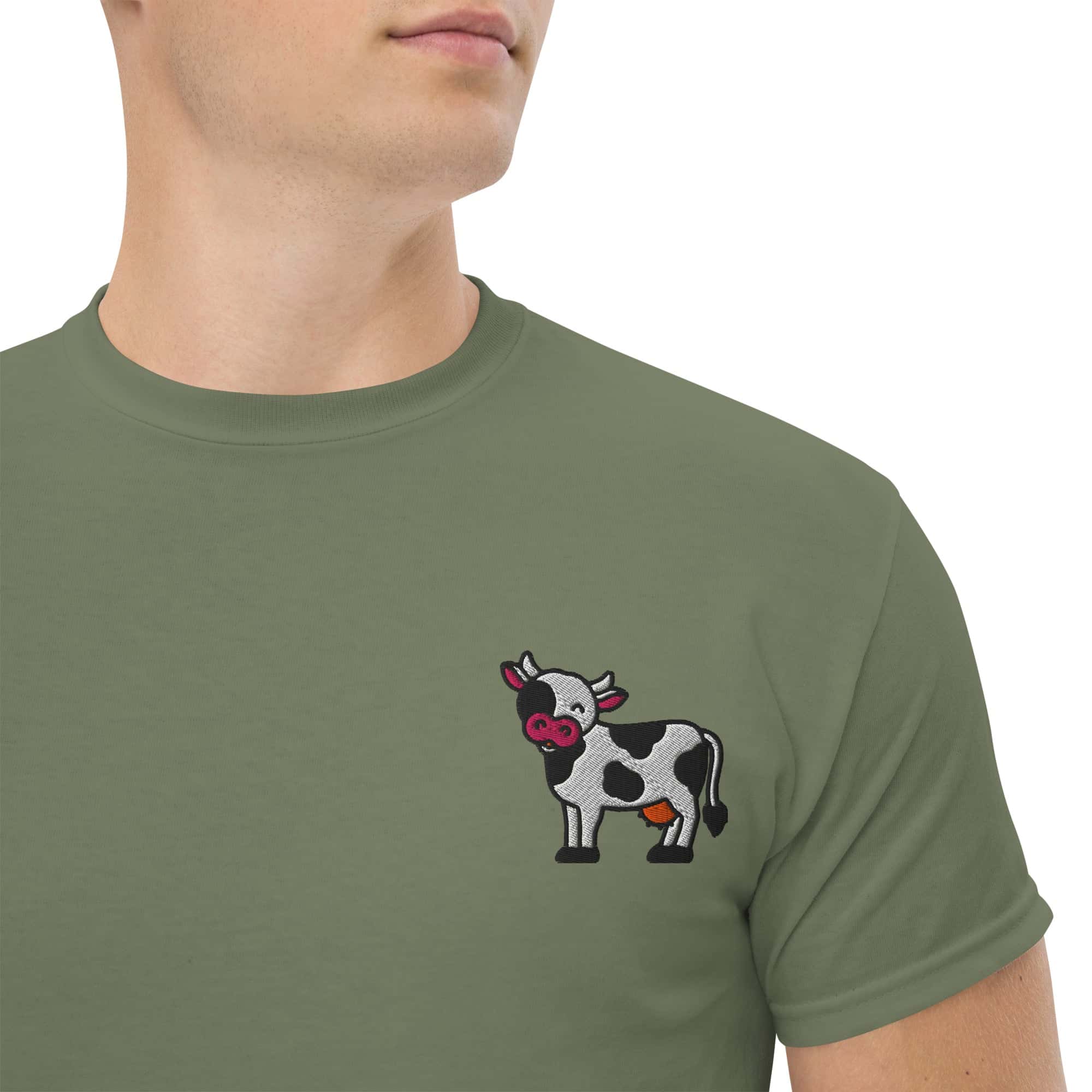 T-shirt Unisex Mucca-Ricamati-Biiply-Verde Militare-S-Biiply
