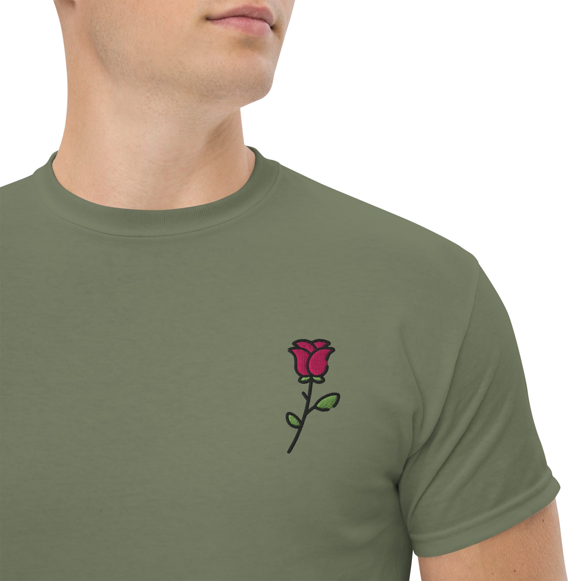 T-shirt Unisex Rosa con Gambo-Ricamati-Biiply-Verde Militare-S-Biiply