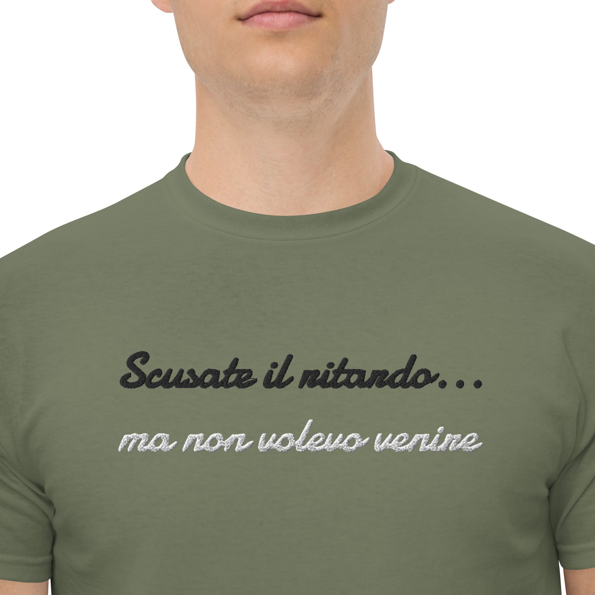 T-shirt Ricamata Unisex Scusate il ritardo ma non volevo venire-Ricamati-Biiply-Verde Militare-S-Biiply