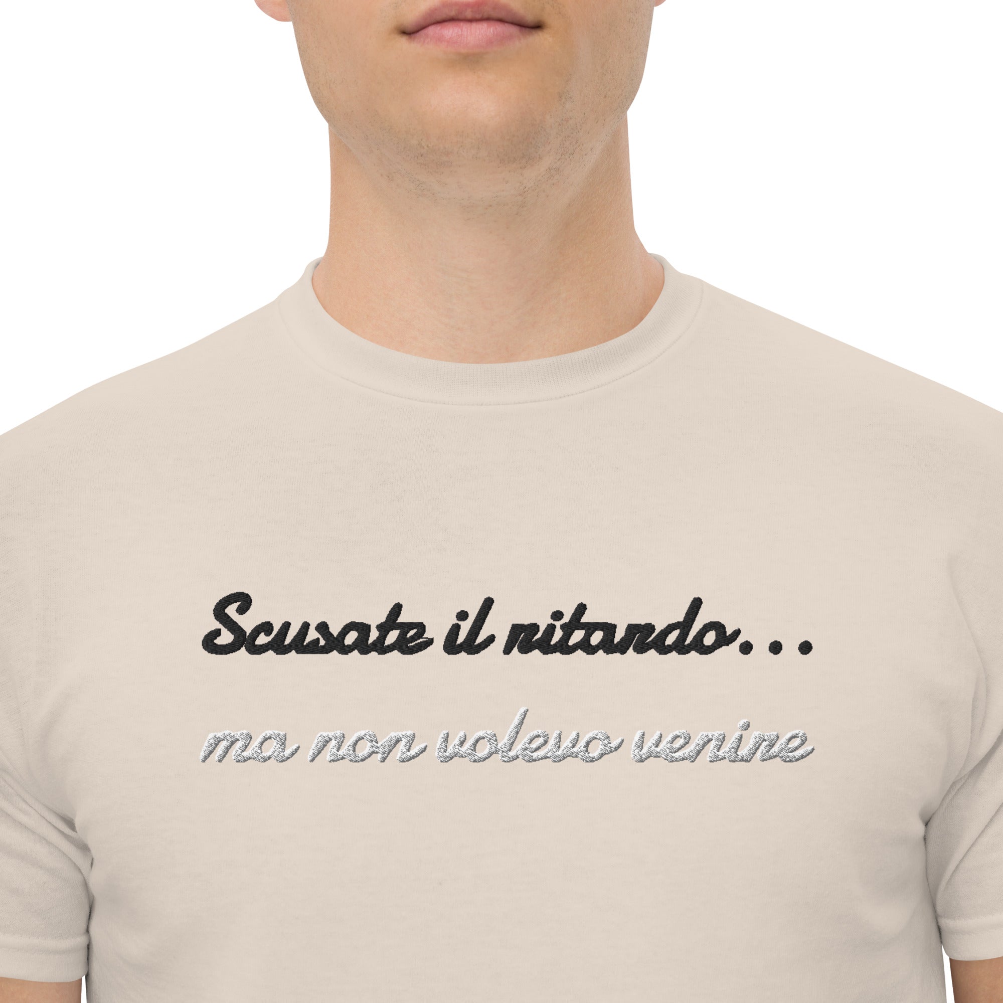 T-shirt Ricamata Unisex Scusate il ritardo ma non volevo venire-Ricamati-Biiply-Naturale-S-Biiply