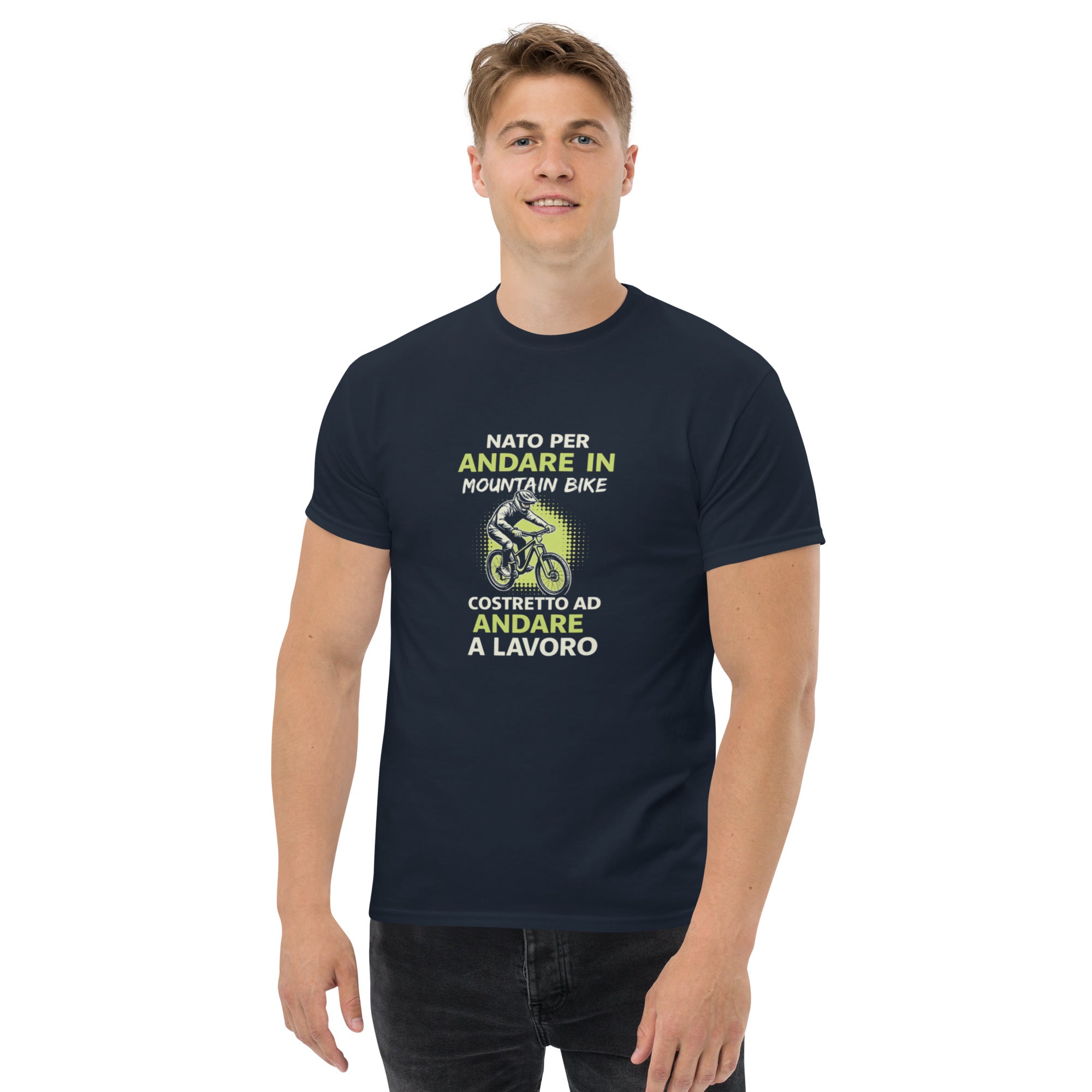 T-shirt Unisex Nato per Andare in Mountain Bike Costretto ad andare a Lavoro-DTG-Biiply-Navy-S-Biiply