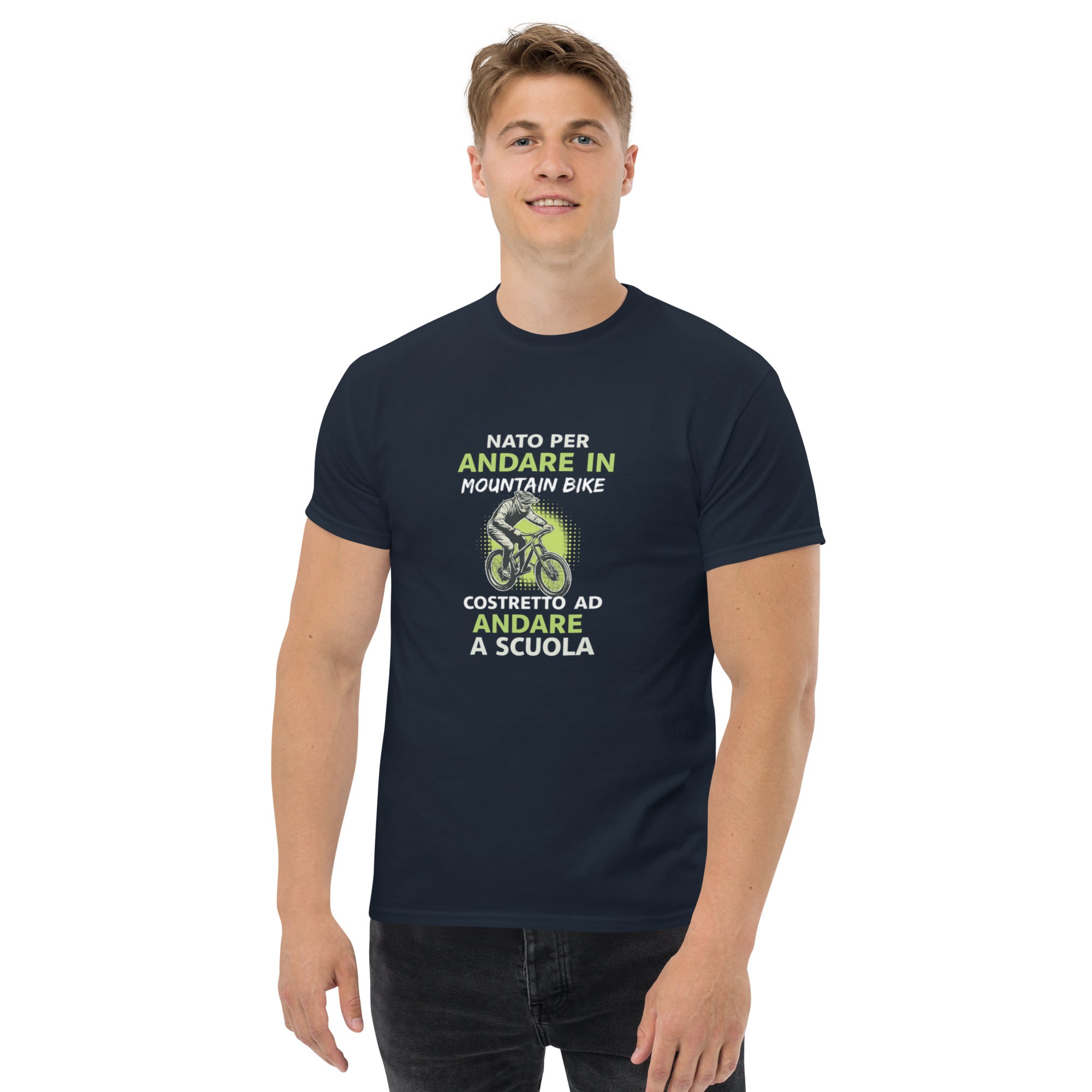 T-shirt Unisex Nato per andare in mountain bine costretto ad andare a scuola-DTG-Biiply-Navy-S-Biiply
