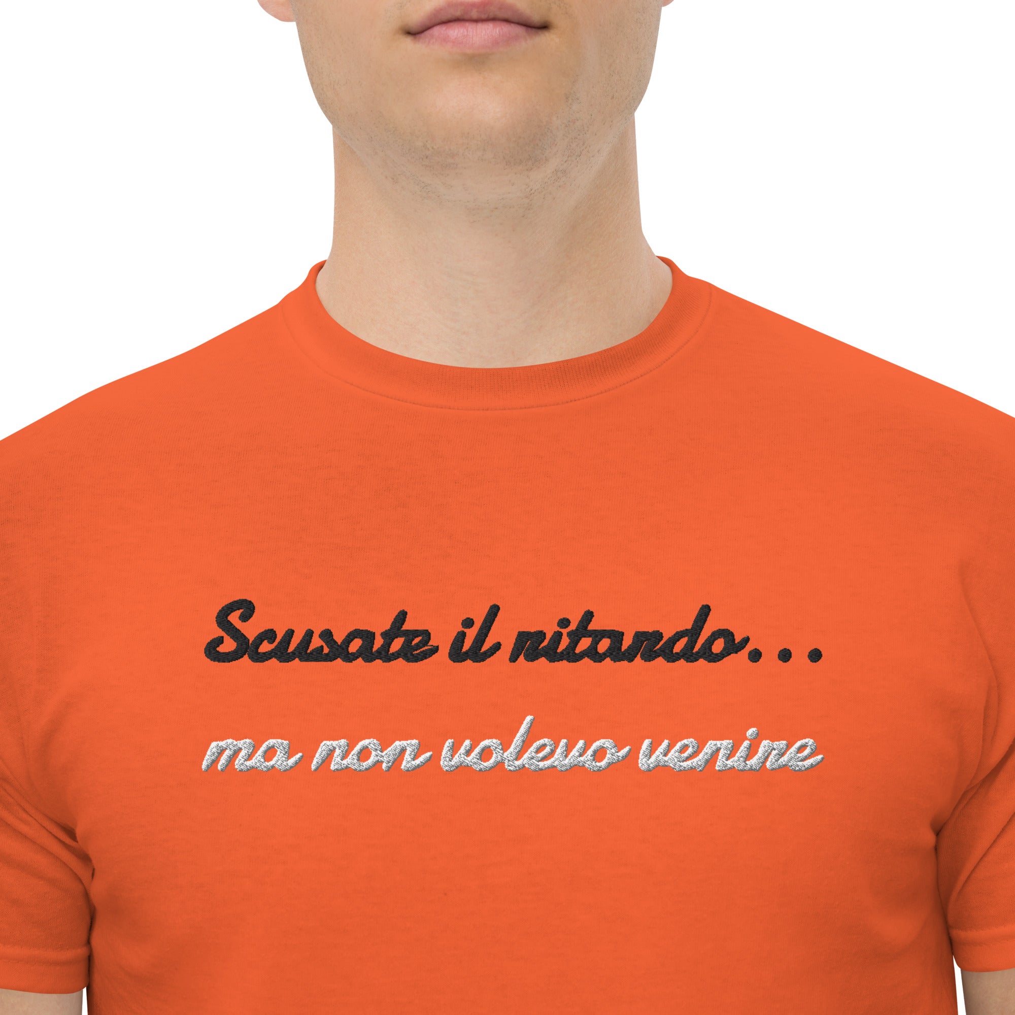 T-shirt Ricamata Unisex Scusate il ritardo ma non volevo venire-Ricamati-Biiply-Arancione-S-Biiply