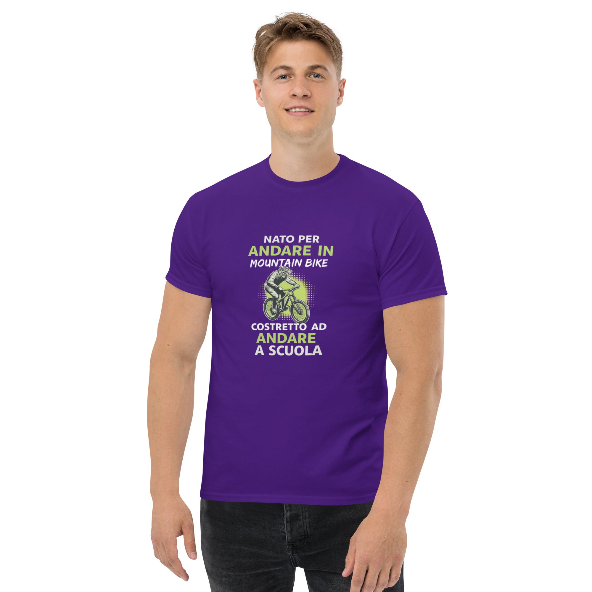 T-shirt Unisex Nato per andare in mountain bine costretto ad andare a scuola-DTG-Biiply-Porpora-S-Biiply