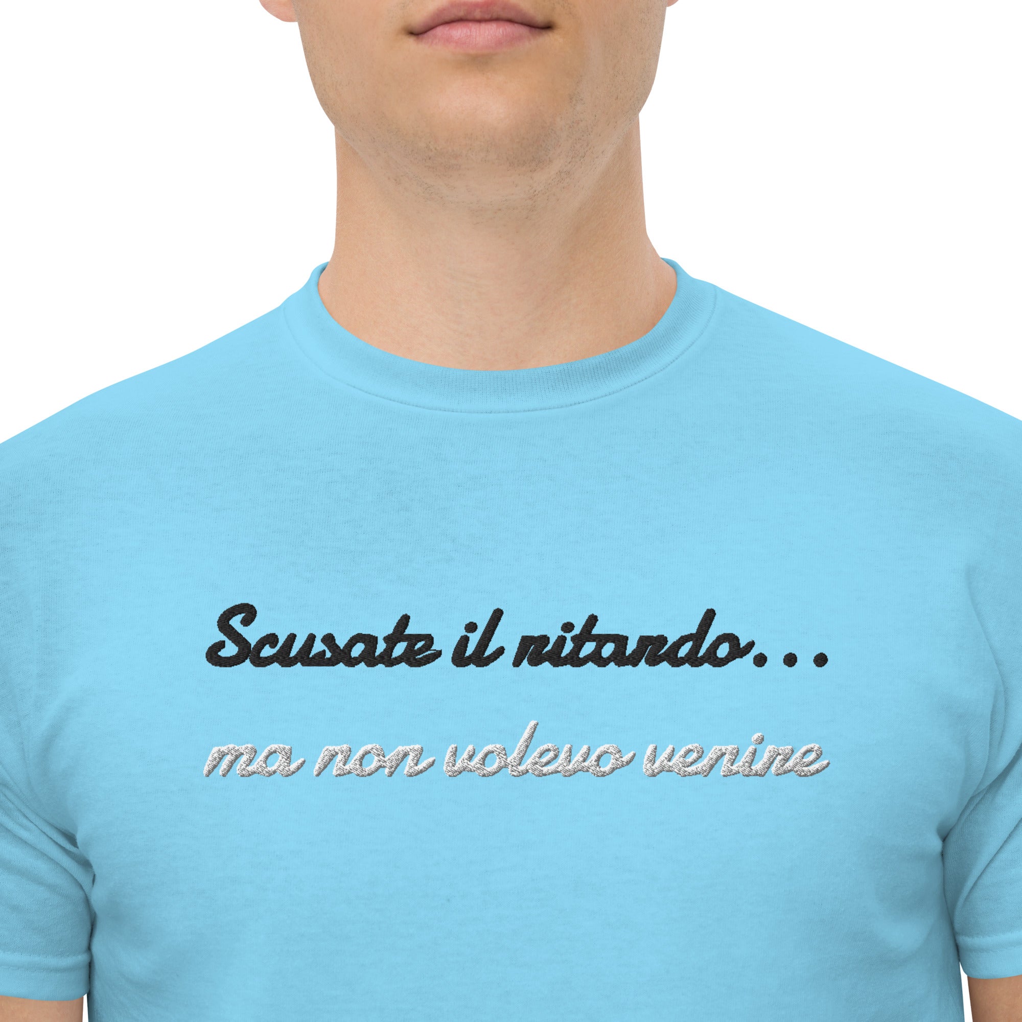 T-shirt Ricamata Unisex Scusate il ritardo ma non volevo venire-Ricamati-Biiply-Cielo-S-Biiply