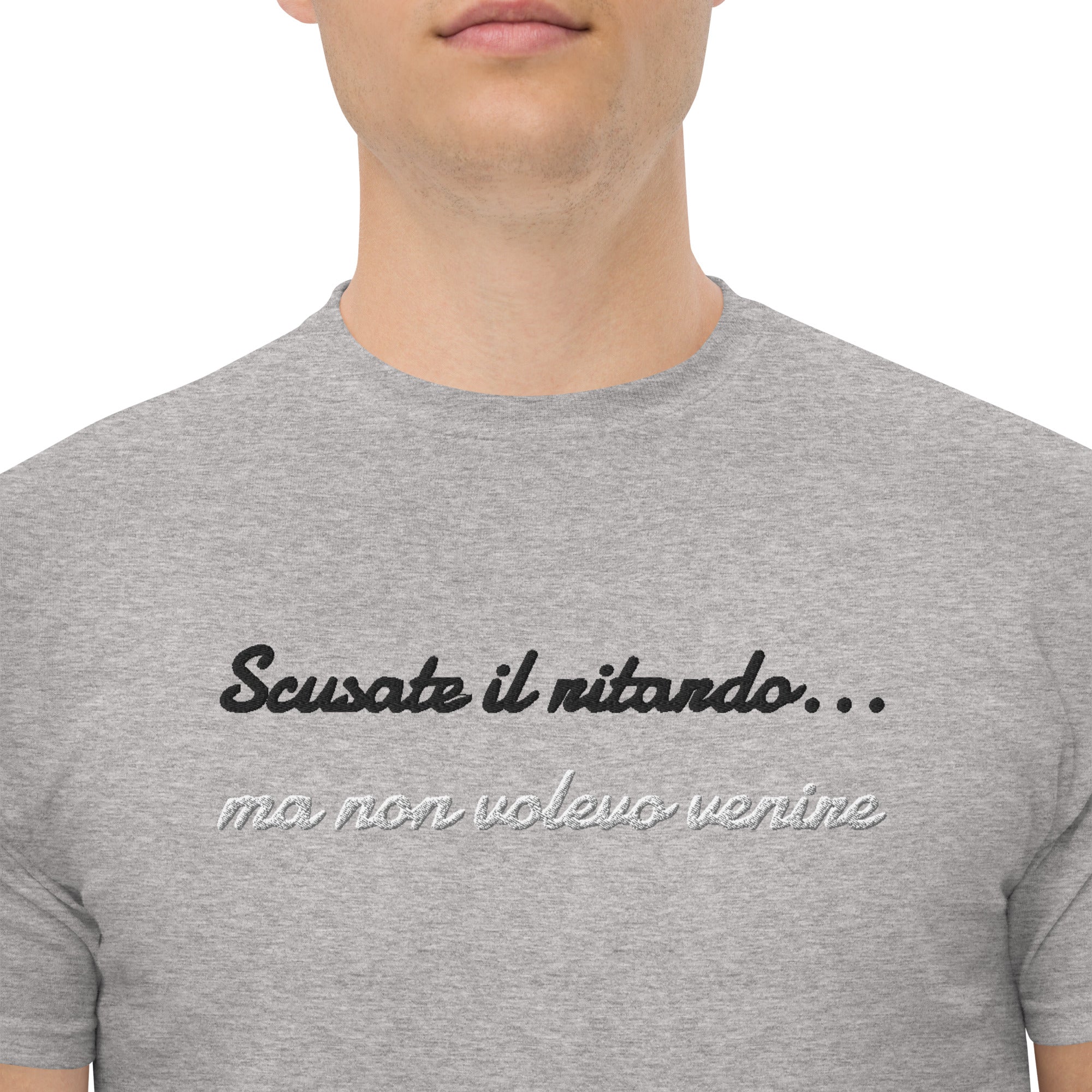 T-shirt Ricamata Unisex Scusate il ritardo ma non volevo venire-Ricamati-Biiply-Grigio Sportivo-S-Biiply